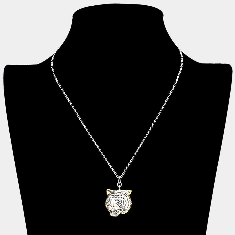 Two Tone Silver Plated Metal Tiger Pendant Necklace - Jewelry Store by Erik Rayo