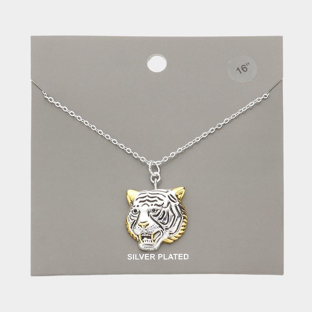 Two Tone Silver Plated Metal Tiger Pendant Necklace - Jewelry Store by Erik Rayo