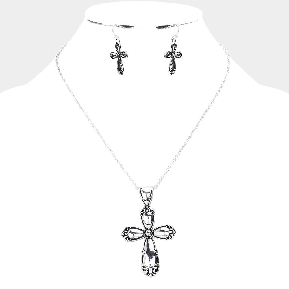 Silver Antique Metal Western Cross Pendant Necklace