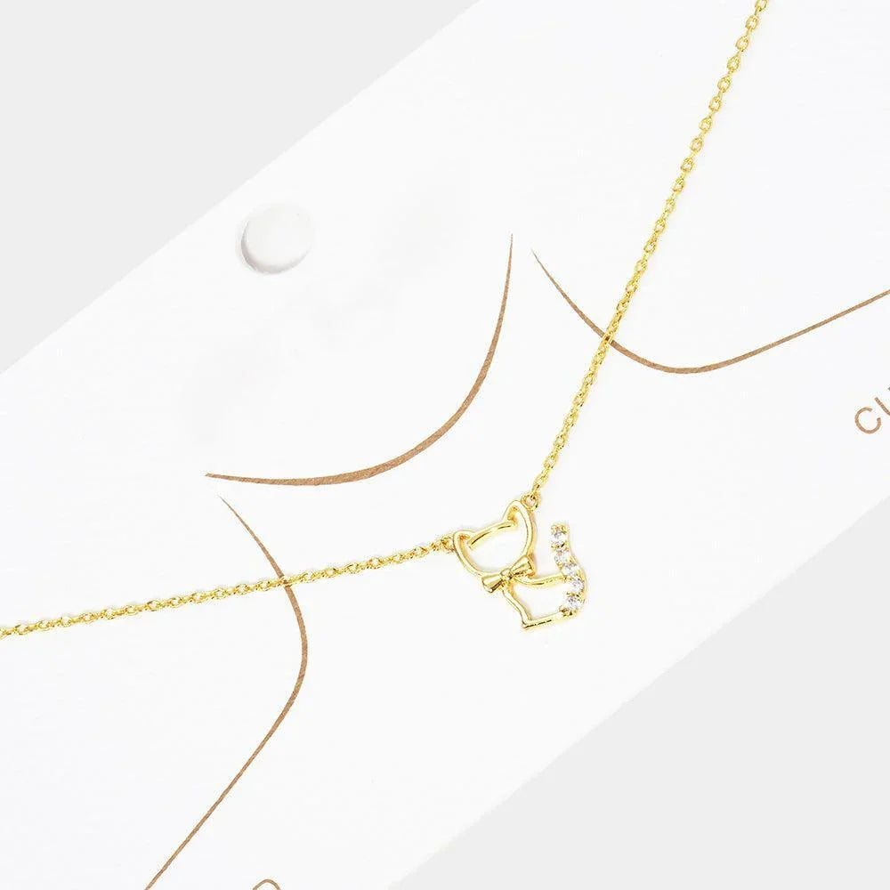 Gold Gold Dipped Rhinestone Embellished Cat Pendant Necklace - Jewelry Store by Erik Rayo