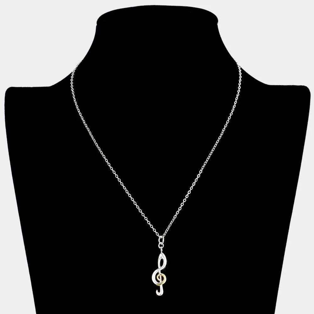 Two Tone Silver Plated Metal Treble Clef Pendant Necklace - Jewelry Store by Erik Rayo