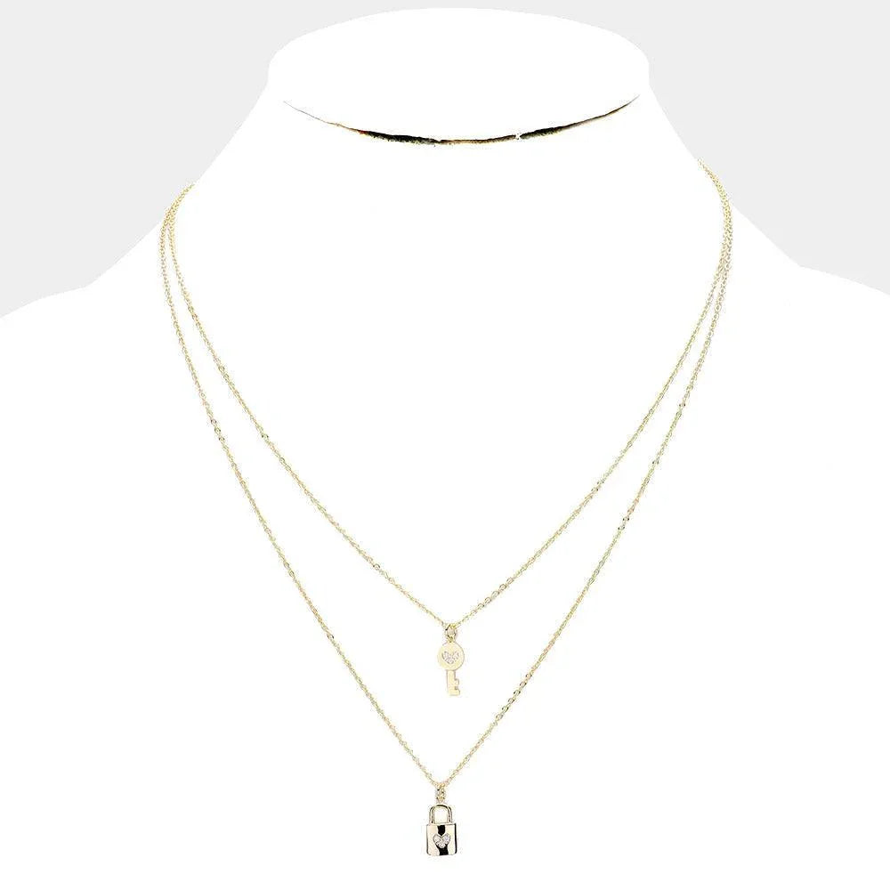 Gold Gold Dipped CZ Key and Lock Pendant Layered Necklace - Jewelry Store by Erik Rayo