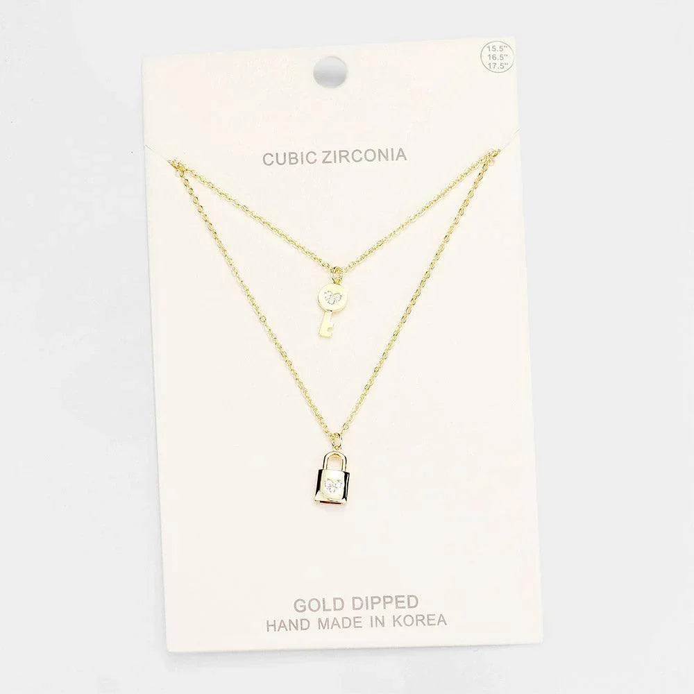 Gold Gold Dipped CZ Key and Lock Pendant Layered Necklace - Jewelry Store by Erik Rayo