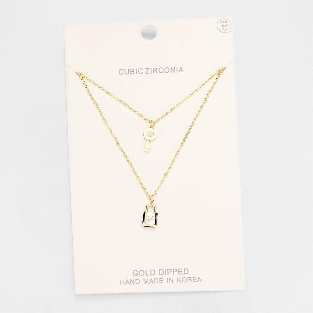 Gold Gold Dipped CZ Key and Lock Pendant Layered Necklace