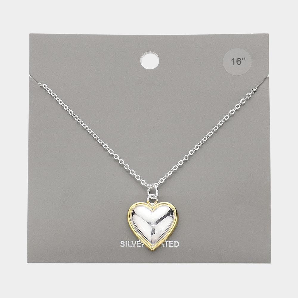 Two Tone Silver Plated Metal Heart Pendant Necklace - Jewelry Store by Erik Rayo