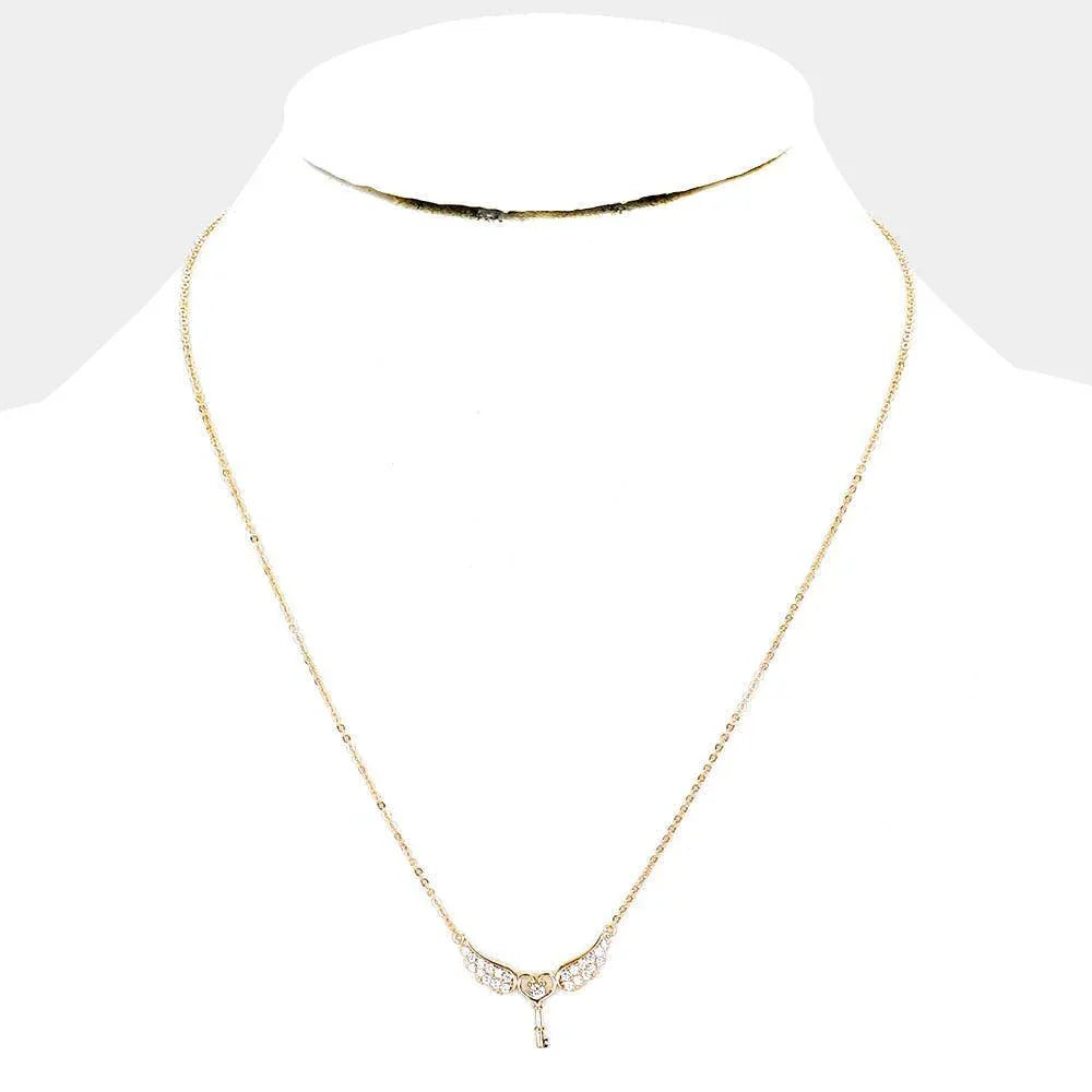 Gold Gold Dipped CZ Angel Wings Key Pendant Necklace - Jewelry Store by Erik Rayo