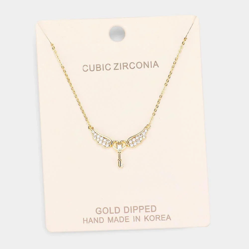 Gold Gold Dipped CZ Angel Wings Key Pendant Necklace - Jewelry Store by Erik Rayo