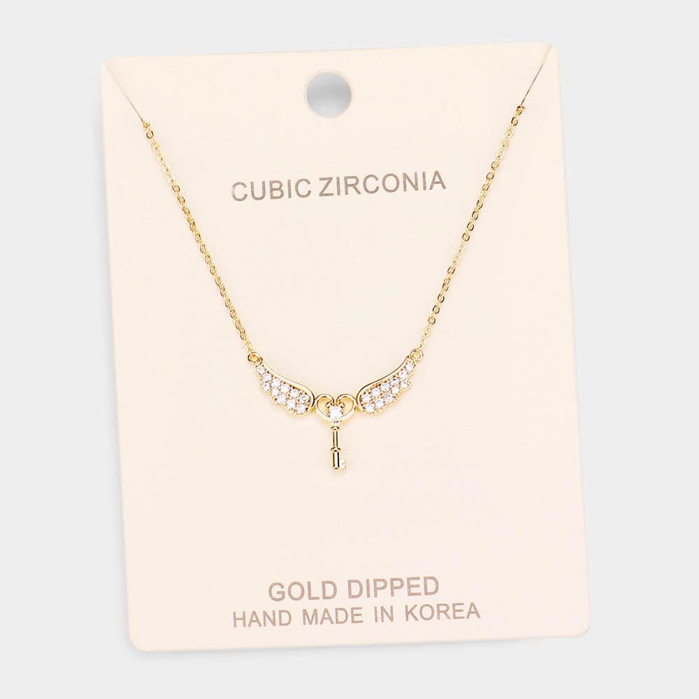 Gold Gold Dipped CZ Angel Wings Key Pendant Necklace