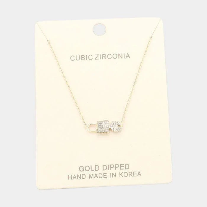 Gold Gold Dipped Cubic Zirconia Key Lock Pendant Necklace - Jewelry Store by Erik Rayo