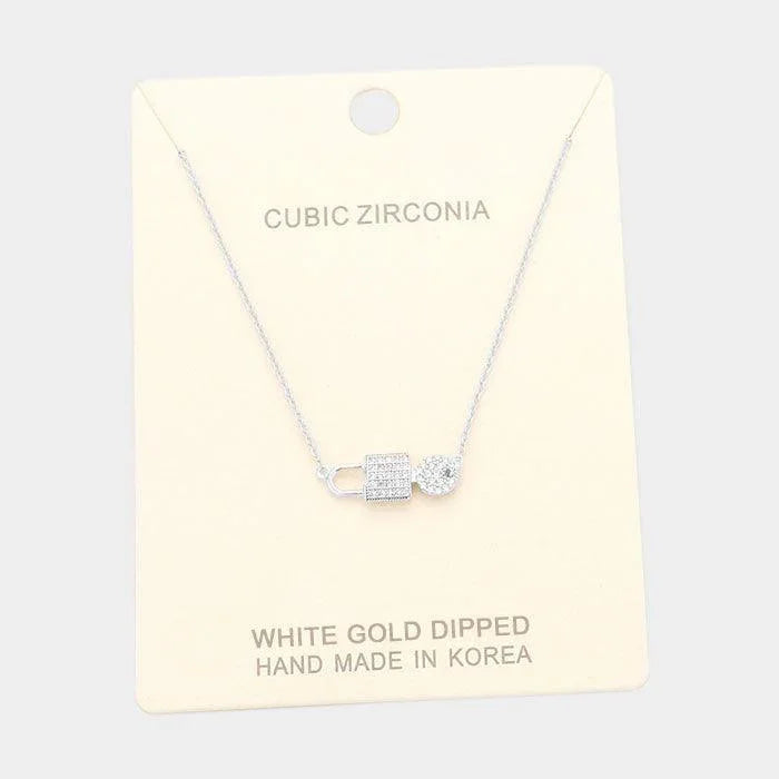Gold White Gold Dipped Cubic Zirconia Key Lock Pendant Necklace - Jewelry Store by Erik Rayo