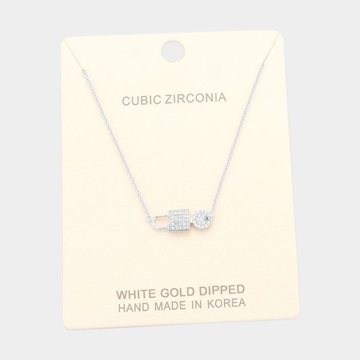 Gold White Gold Dipped Cubic Zirconia Key Lock Pendant Necklace