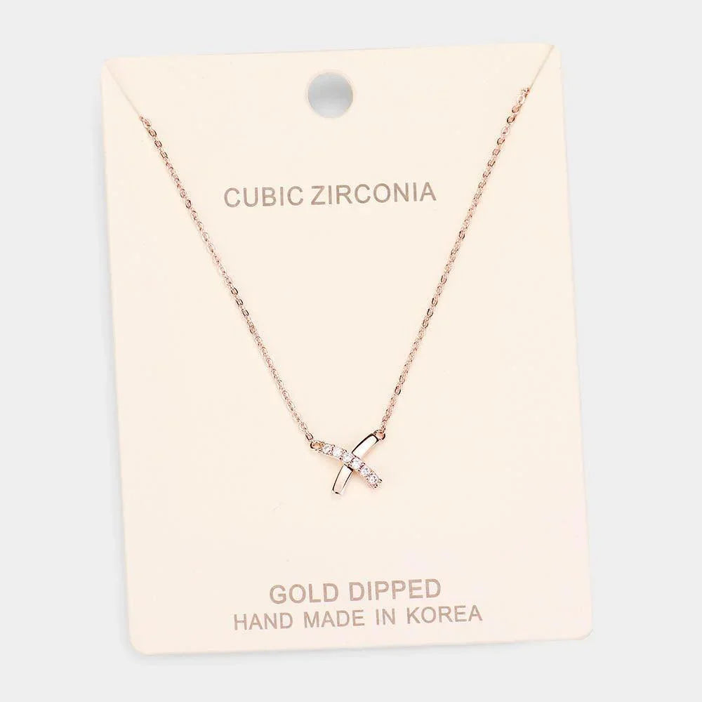Rose Gold Gold Dipped Cubic Zirconia Crisscross Pendant Necklace - Jewelry Store by Erik Rayo