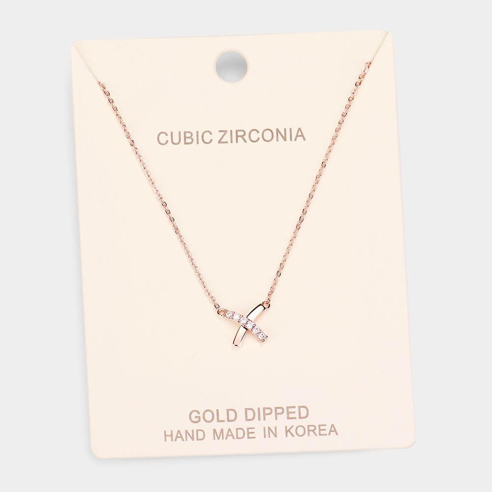 Rose Gold Gold Dipped Cubic Zirconia Crisscross Pendant Necklace