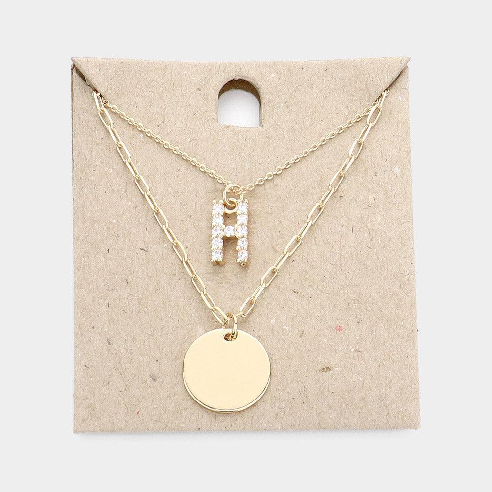 Letter H Rhinestone Monogram Metal Disc Pendant Double Layered Necklace - Jewelry Store by Erik Rayo