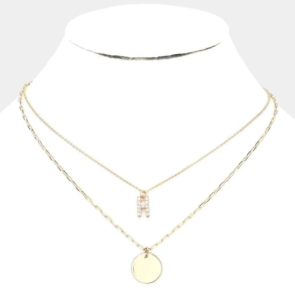 Letter H Rhinestone Monogram Metal Disc Pendant Double Layered Necklace - Jewelry Store by Erik Rayo
