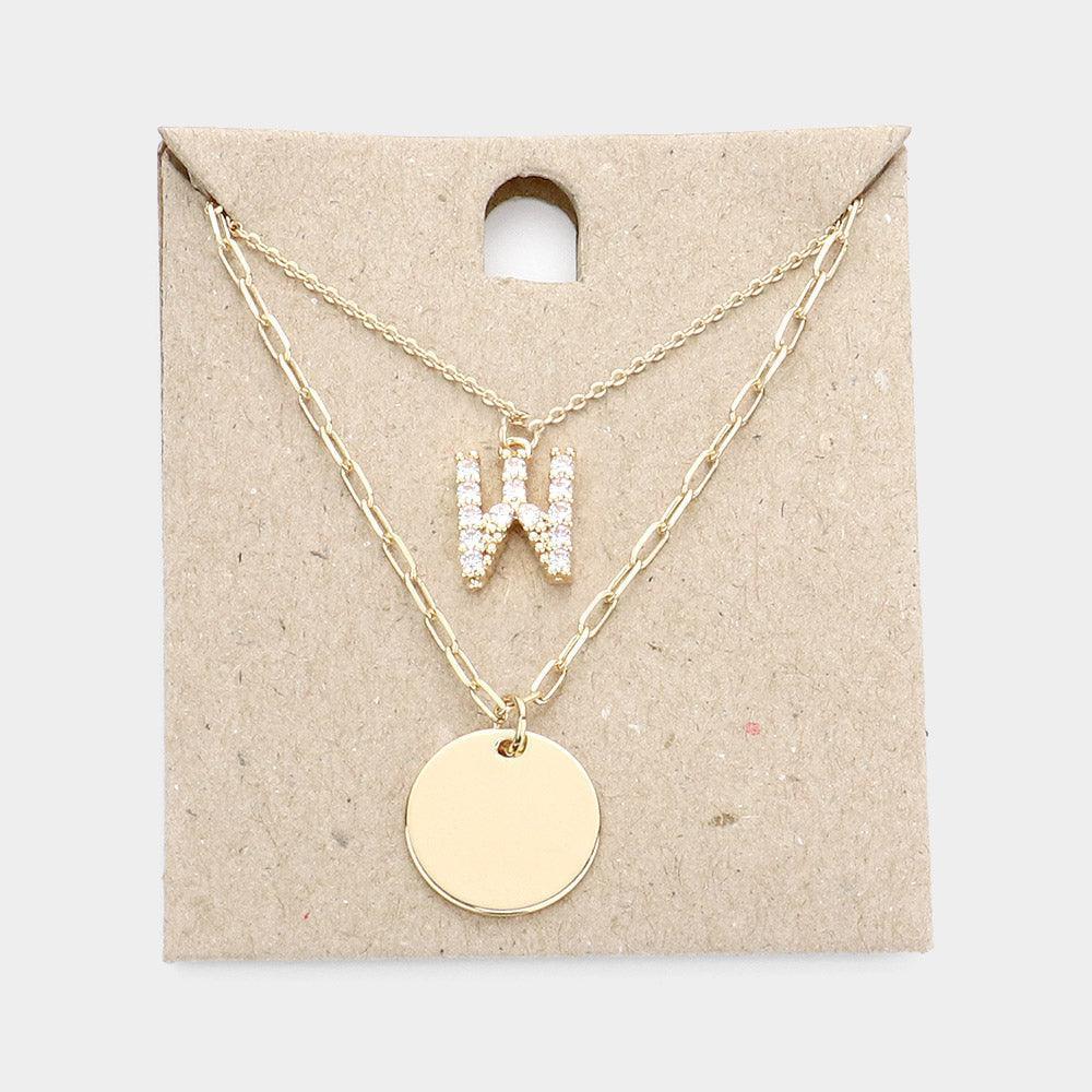 Letter W Rhinestone Monogram Metal Disc Pendant Double Layered Necklace - Jewelry Store by Erik Rayo