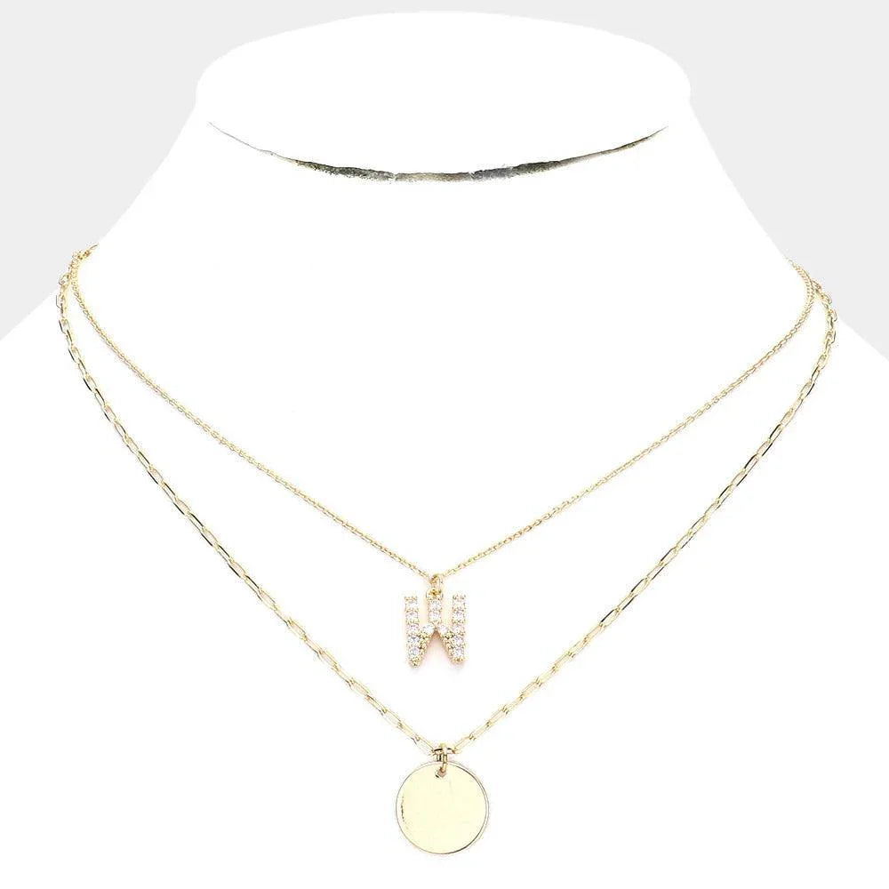 Letter W Rhinestone Monogram Metal Disc Pendant Double Layered Necklace - Jewelry Store by Erik Rayo