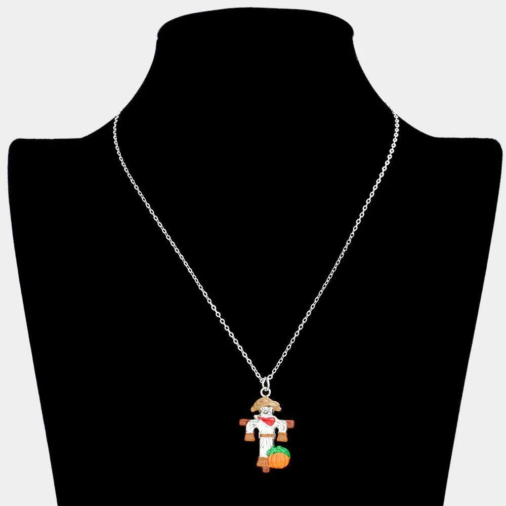 Orange Silver Plated Scarecrow Pumpkin Pendant Necklace - Jewelry Store by Erik Rayo