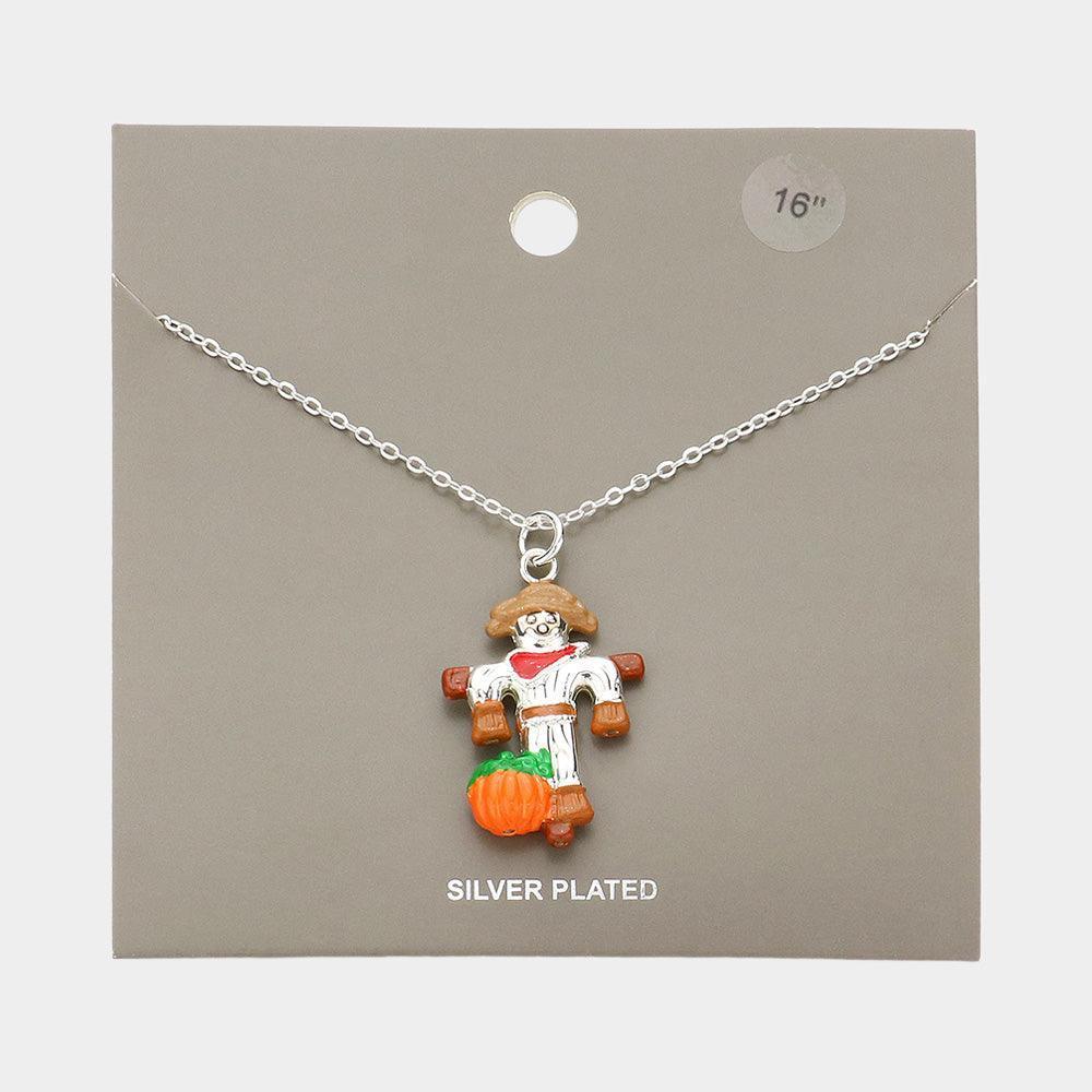 Orange Silver Plated Scarecrow Pumpkin Pendant Necklace - Jewelry Store by Erik Rayo