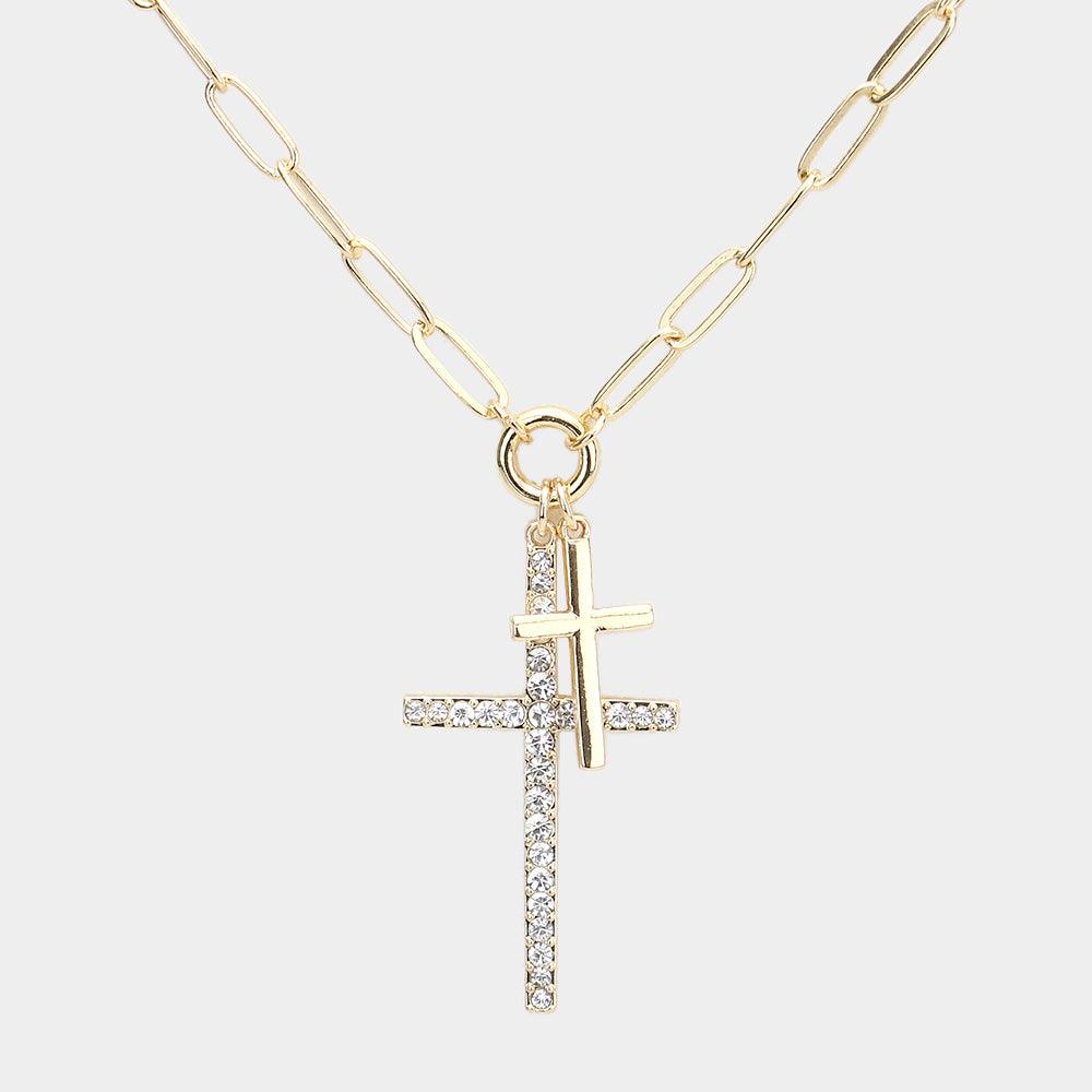 Gold Rhinestone Embellished Metal Cross Pendant Necklace