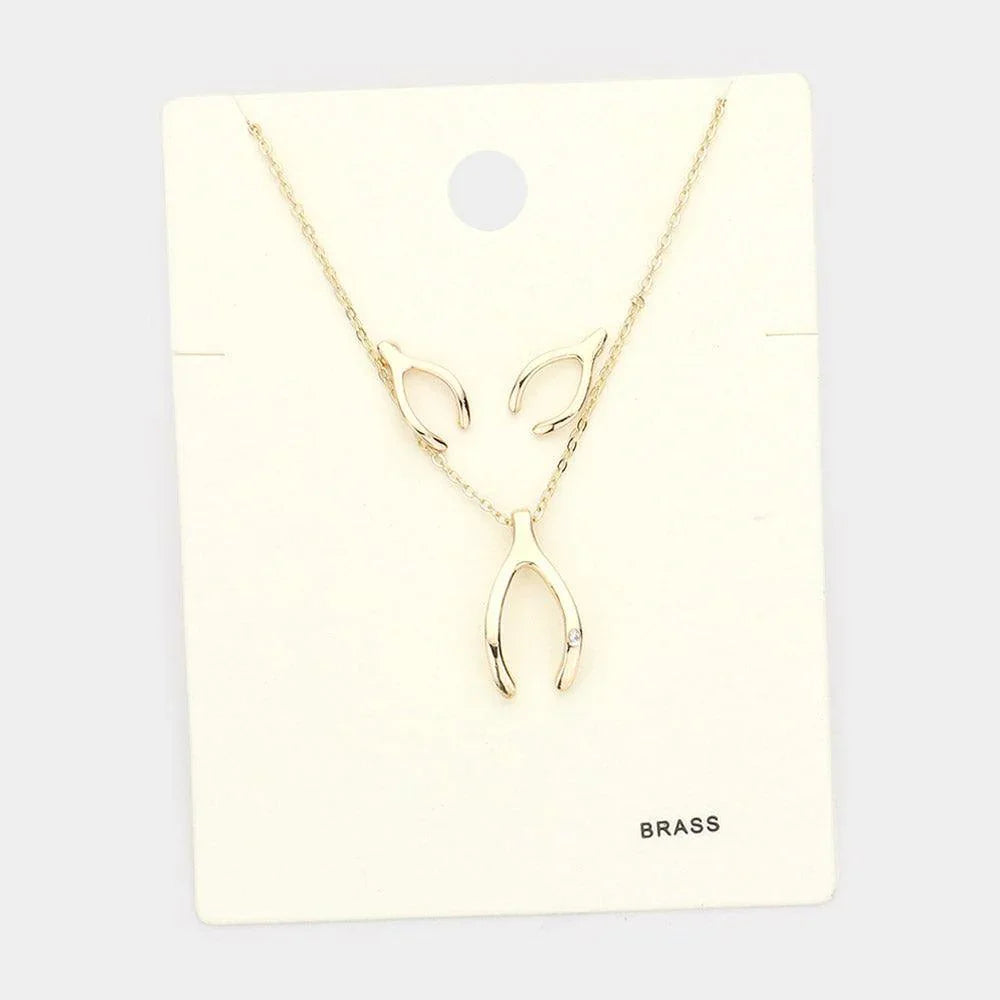 Gold Rhinestone Embellished Brass Metal Wishbone Pendant Necklace - Jewelry Store by Erik Rayo