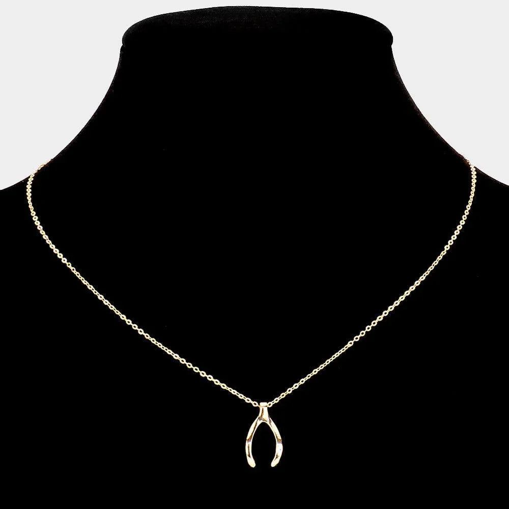 Gold Rhinestone Embellished Brass Metal Wishbone Pendant Necklace - Jewelry Store by Erik Rayo