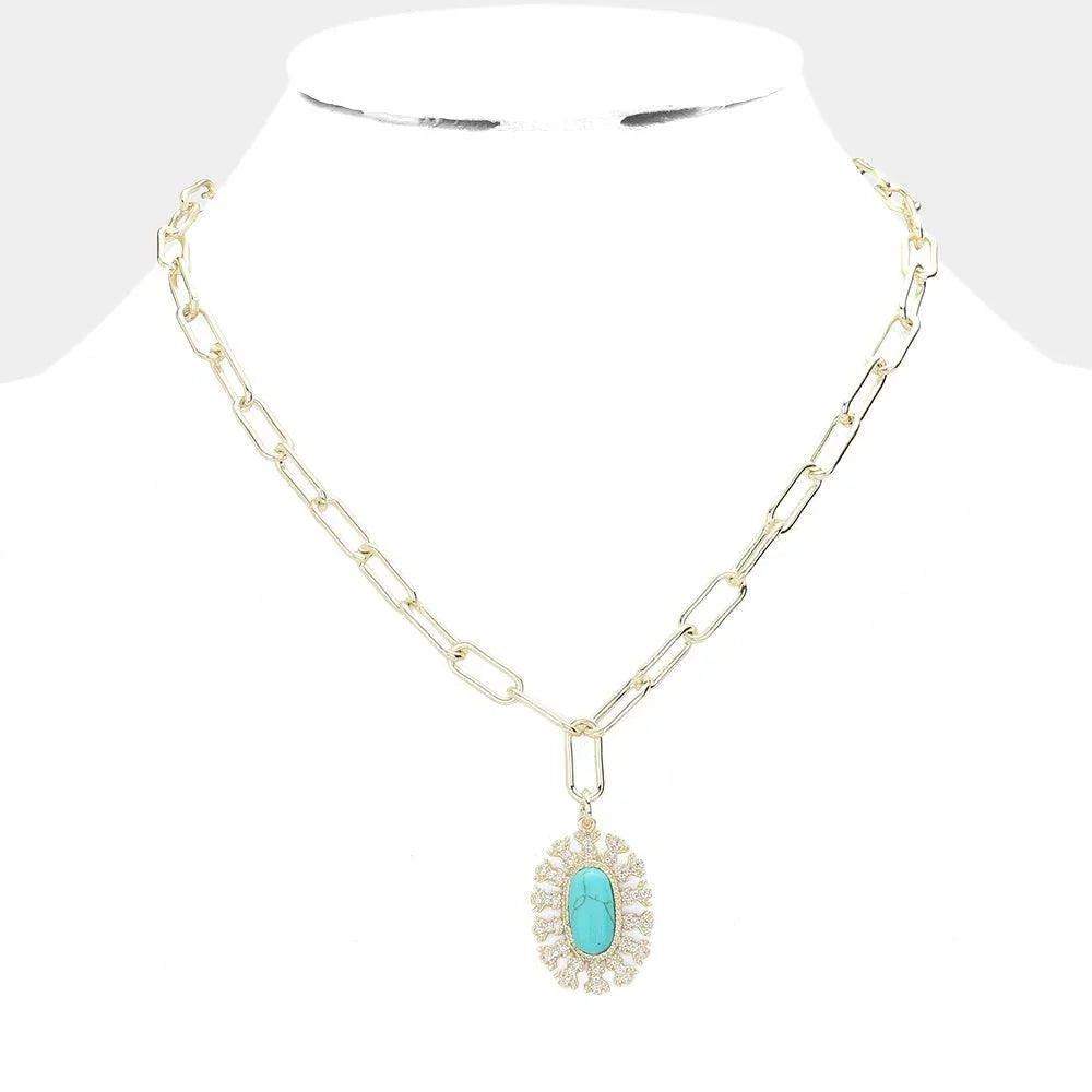 Turquoise CZ Stone Paved Natural Stone Pendant Necklace - Jewelry Store by Erik Rayo