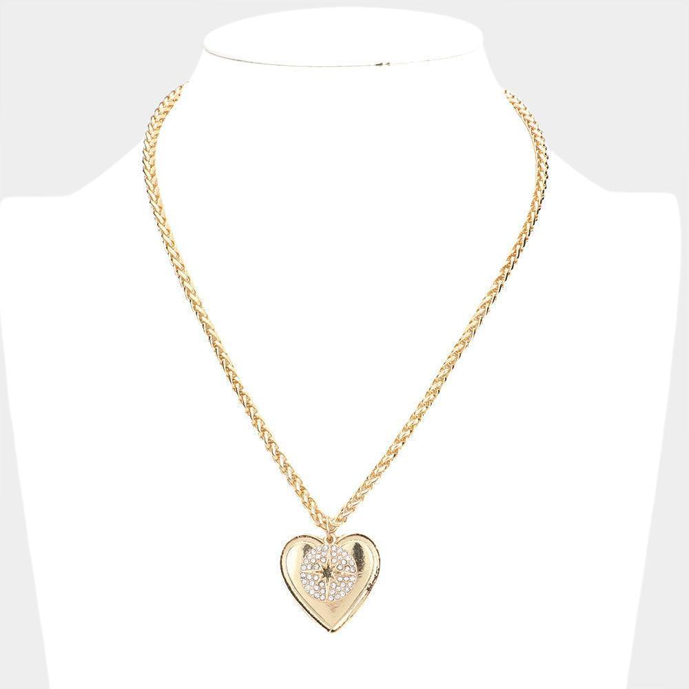 Gold Rhinestone Embellished North Star Metal Heart Pendant Necklace - Jewelry Store by Erik Rayo