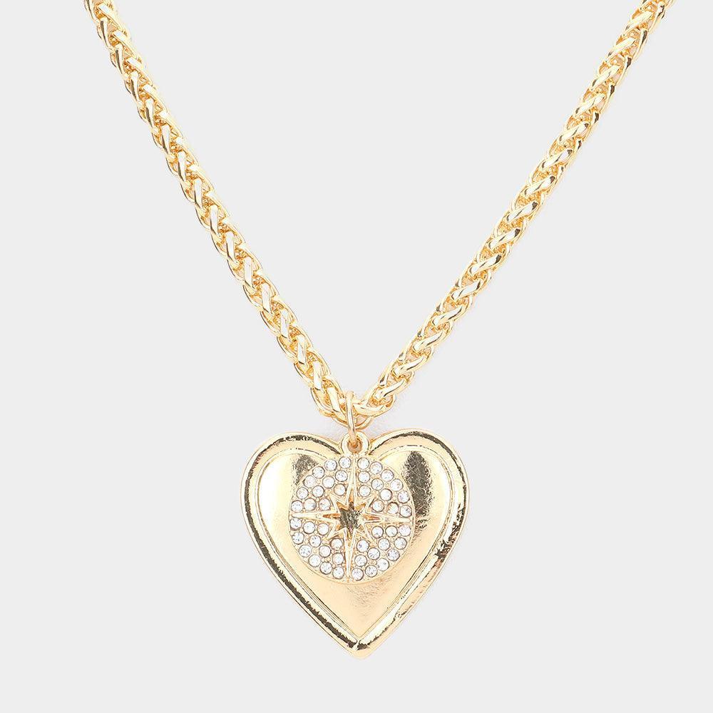 Gold Rhinestone Embellished North Star Metal Heart Pendant Necklace - Jewelry Store by Erik Rayo