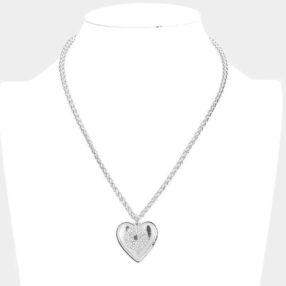 Rhinestone Embellished North Star Metal Heart Pendant Necklace - Jewelry Store by Erik Rayo