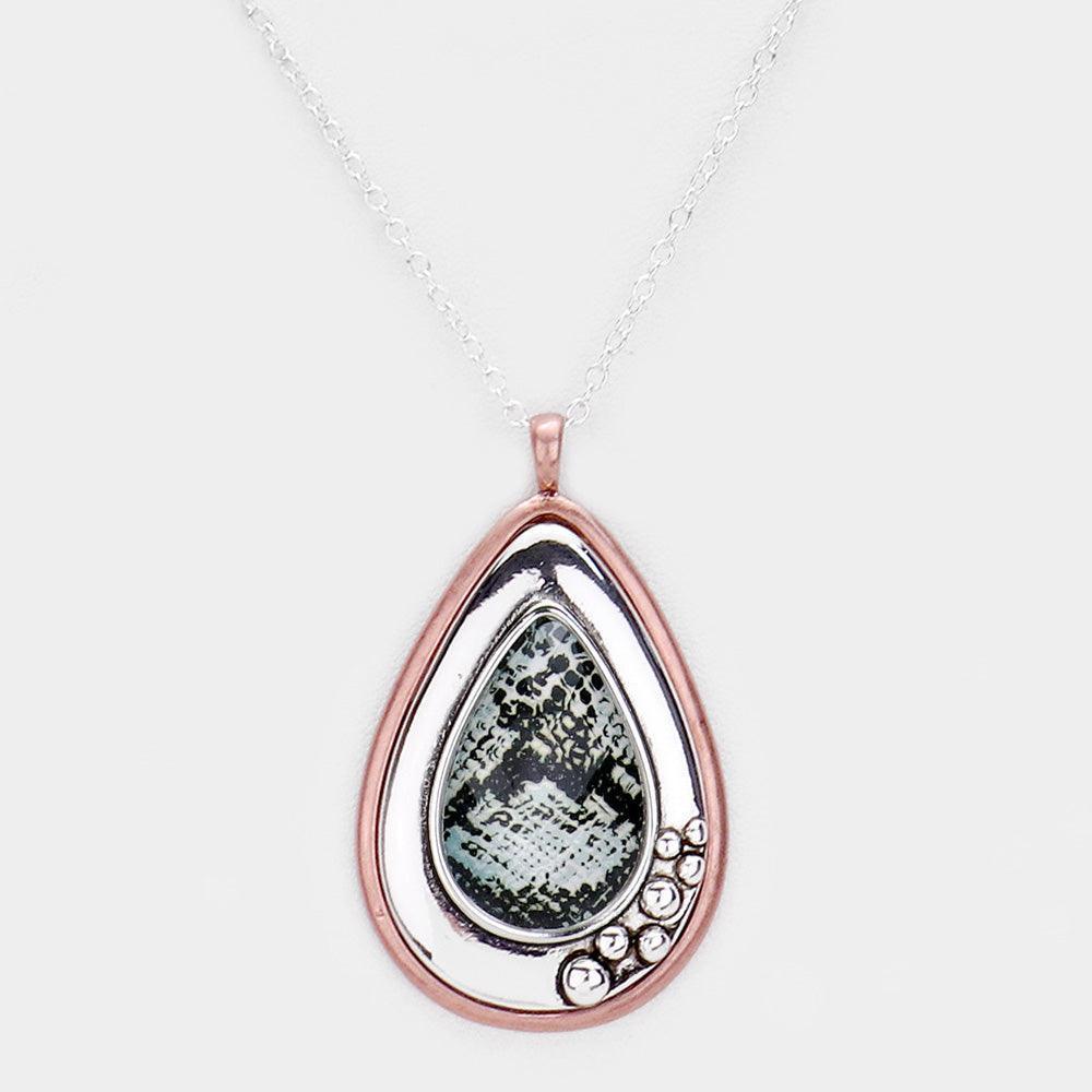 Rose Gold Snake Skin Print Centered Teardrop Metal Pendant Necklace - Jewelry Store by Erik Rayo