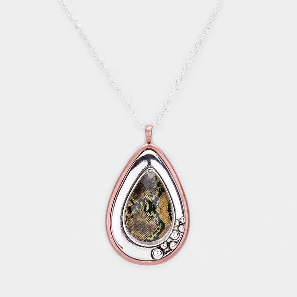 Silver Snake Skin Print Centered Teardrop Metal Pendant Necklace - Jewelry Store by Erik Rayo
