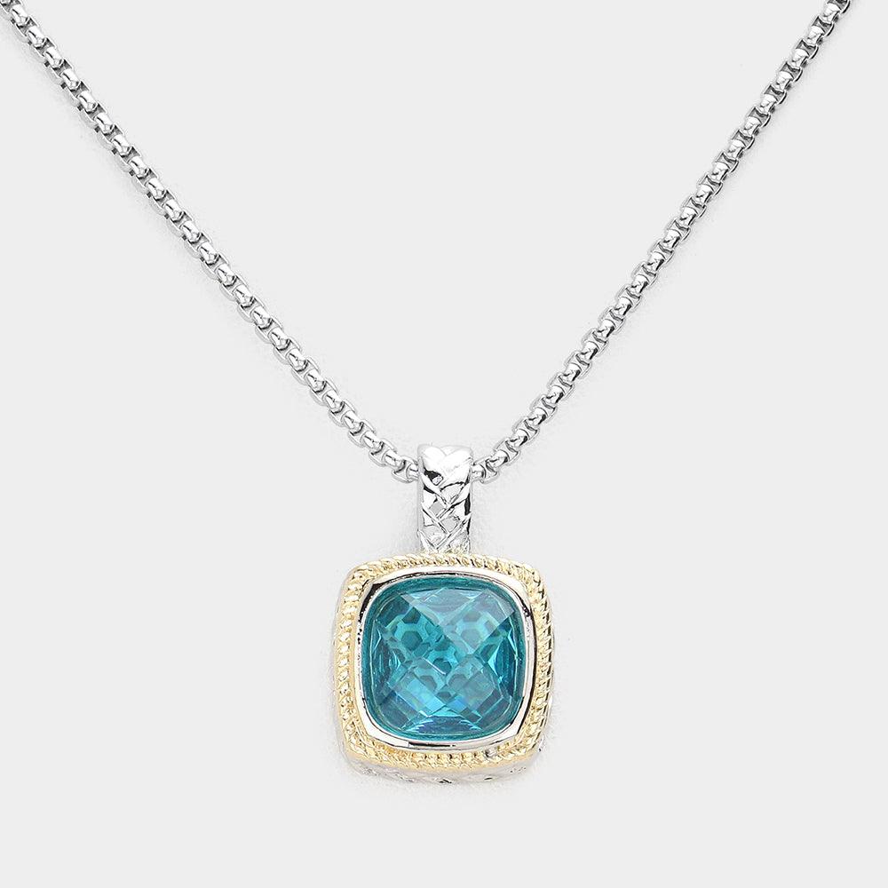 Aqua Square CZ Stone Pendant Necklace