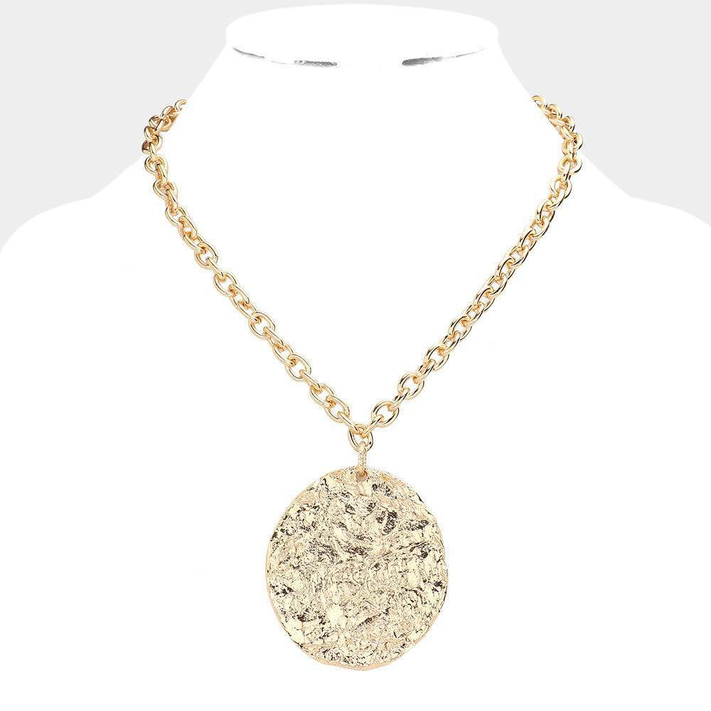 Gold Textured Irregular Metal Round Pendant Necklace - Jewelry Store by Erik Rayo