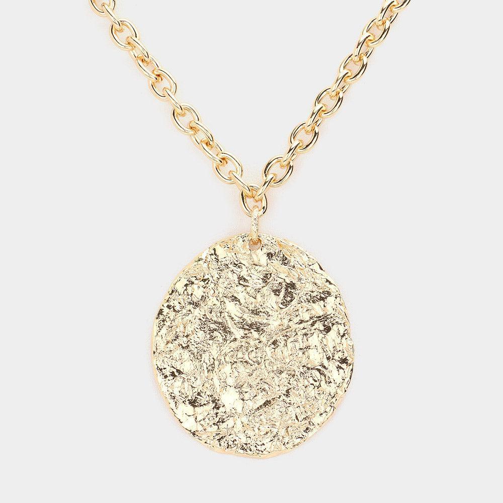 Gold Textured Irregular Metal Round Pendant Necklace - Jewelry Store by Erik Rayo