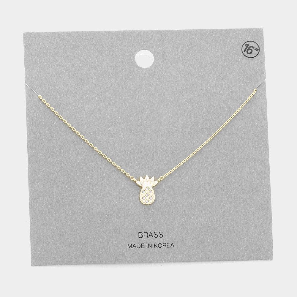 Gold Stone Embellished Brass Metal Pineapple Pendant Necklace - Jewelry Store by Erik Rayo