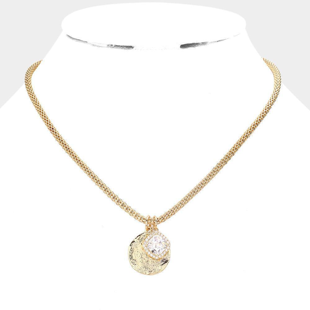 Gold Square Stone Textured Metal Disc Pendant Necklace - Jewelry Store by Erik Rayo