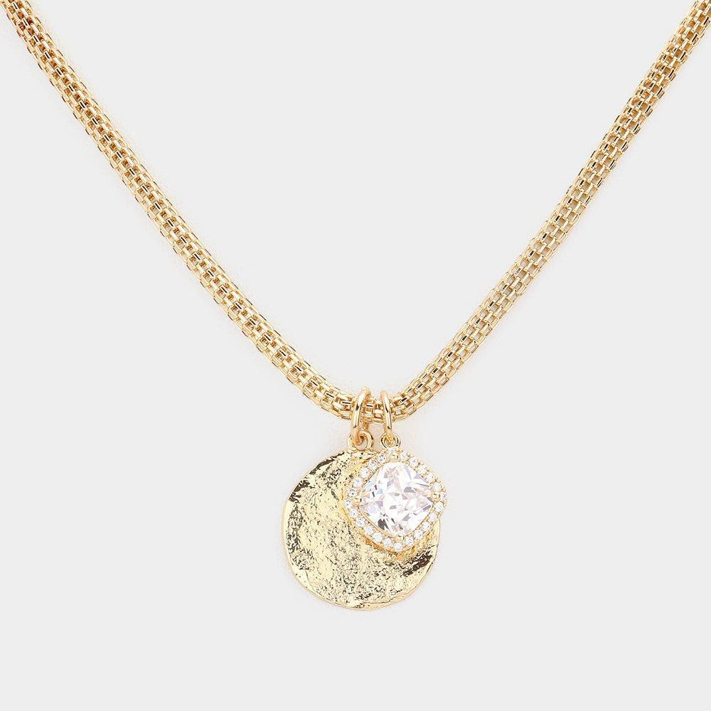Gold Square Stone Textured Metal Disc Pendant Necklace - Jewelry Store by Erik Rayo