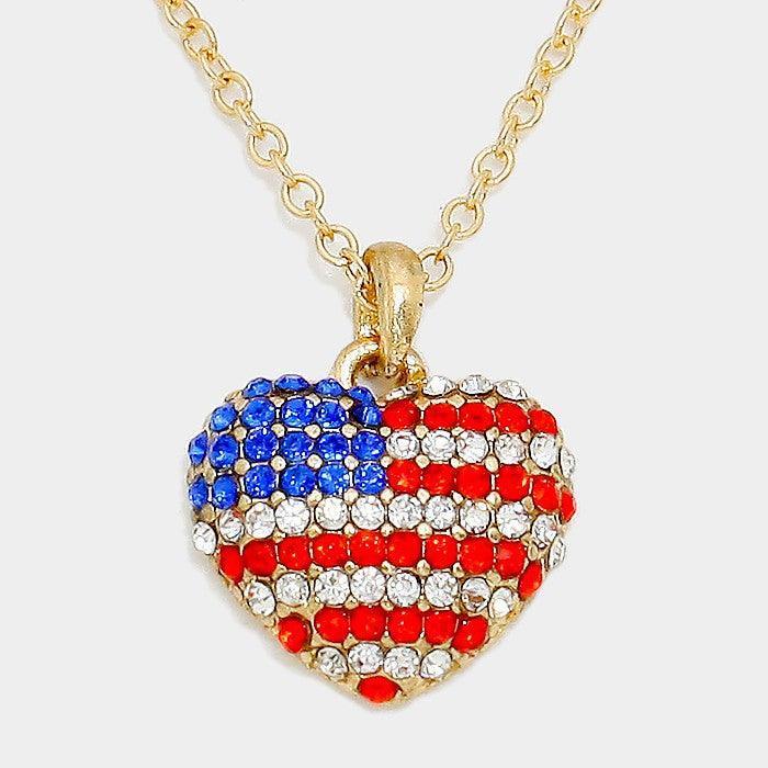 Gold Crystal pave American flag heart pendant necklace - Jewelry Store by Erik Rayo