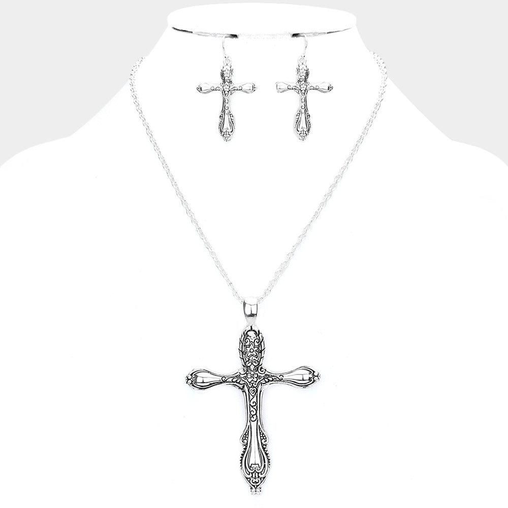 Silver Antique Metal Cross Pendant Necklace