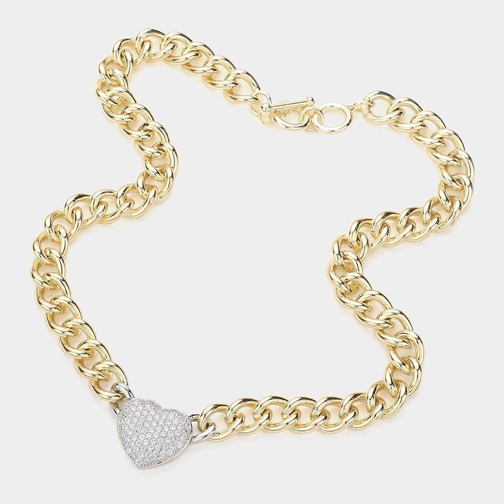 Gold CZ Stone Paved Heart Pendant Toggle Necklace - Jewelry Store by Erik Rayo