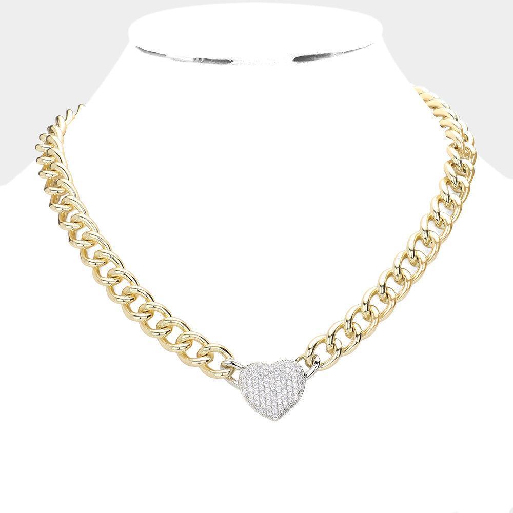 Gold CZ Stone Paved Heart Pendant Toggle Necklace - Jewelry Store by Erik Rayo
