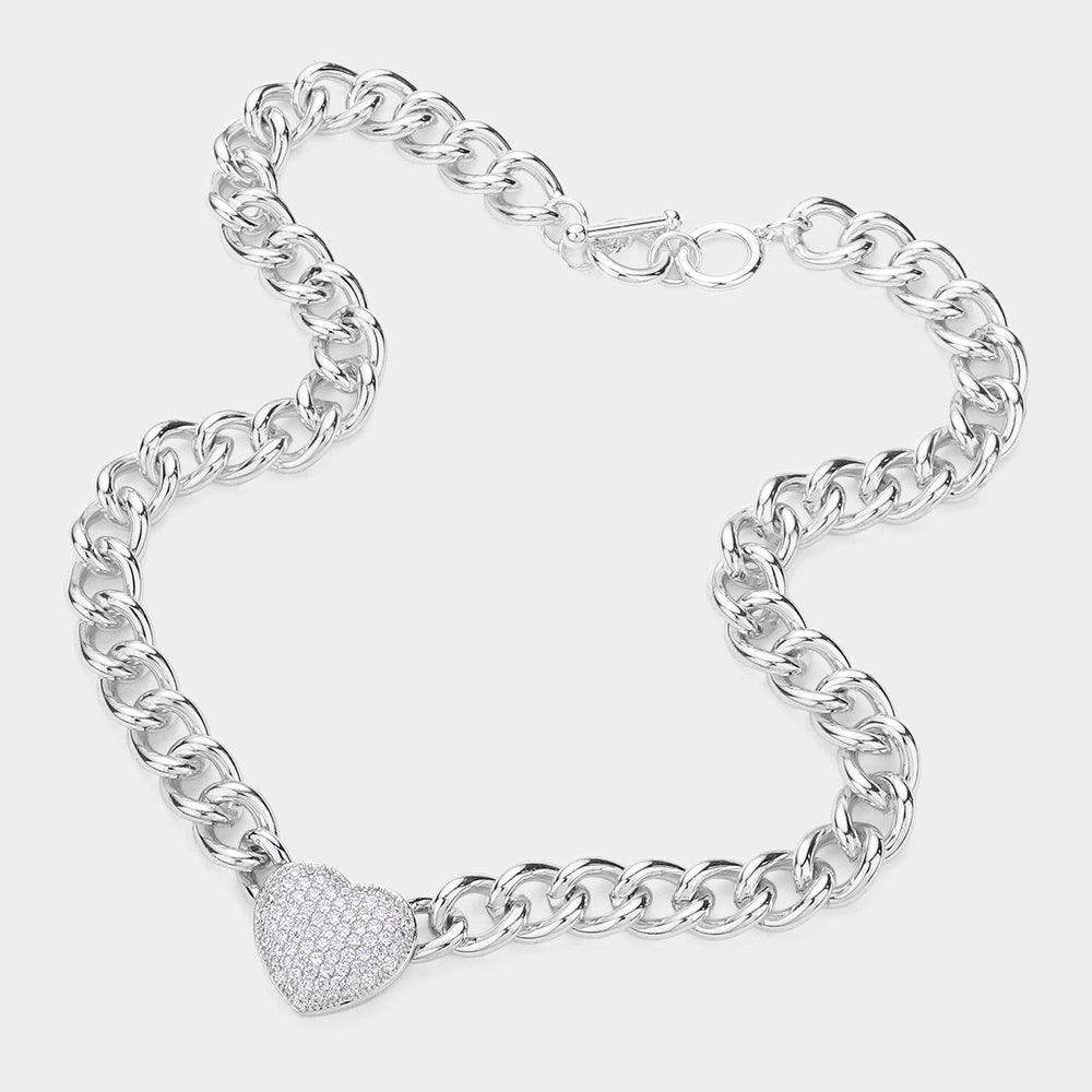 CZ Stone Paved Heart Pendant Toggle Necklace - Jewelry Store by Erik Rayo