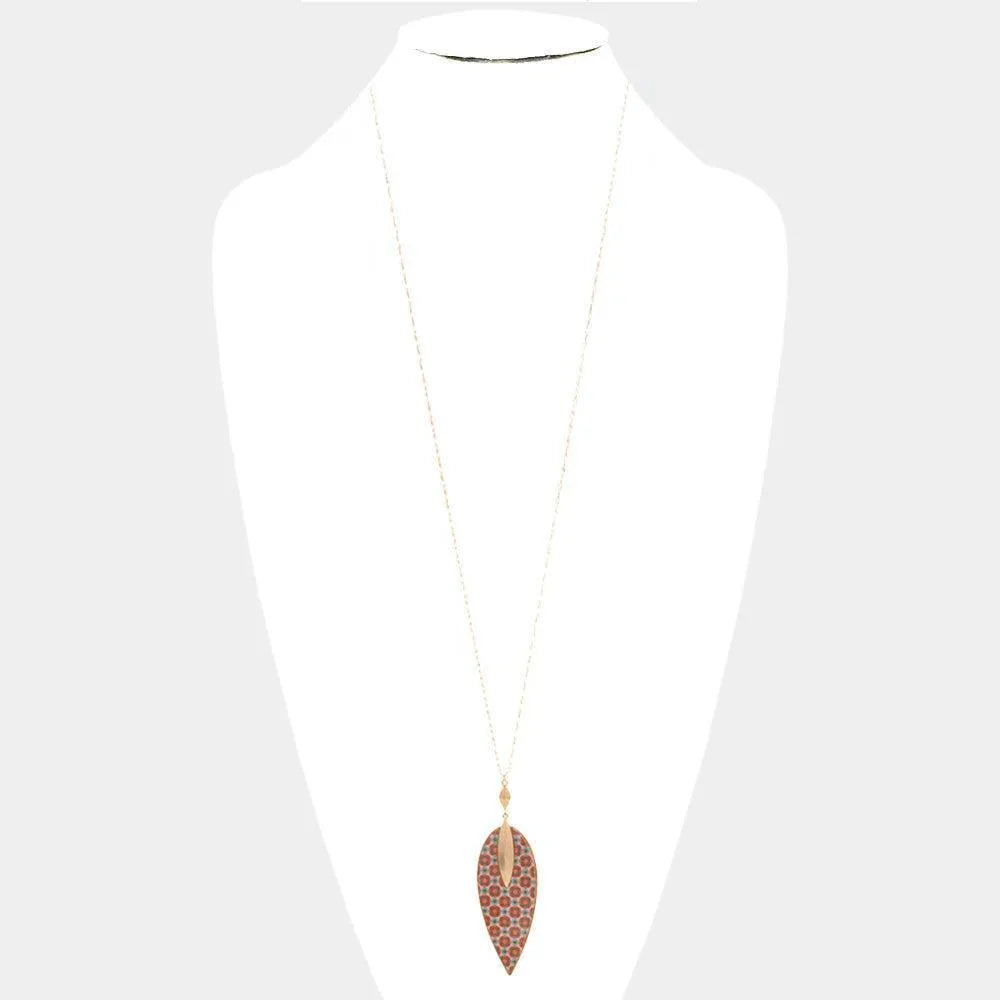 Patterned Wood Petal Pendant Long Necklace - Jewelry Store by Erik Rayo
