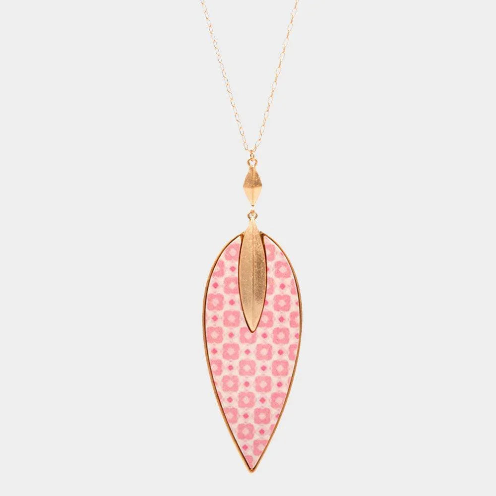 Pink Patterned Wood Petal Pendant Long Necklace - Jewelry Store by Erik Rayo