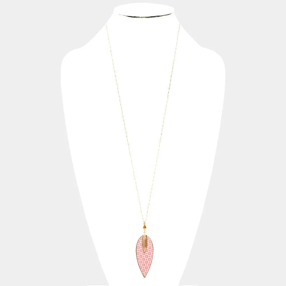 Pink Patterned Wood Petal Pendant Long Necklace - Jewelry Store by Erik Rayo