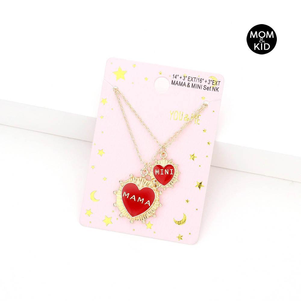 Red 2PCS - MAMA MINI Enamel Heart Pendant Moms and Kids Set Necklaces - Jewelry Store by Erik Rayo