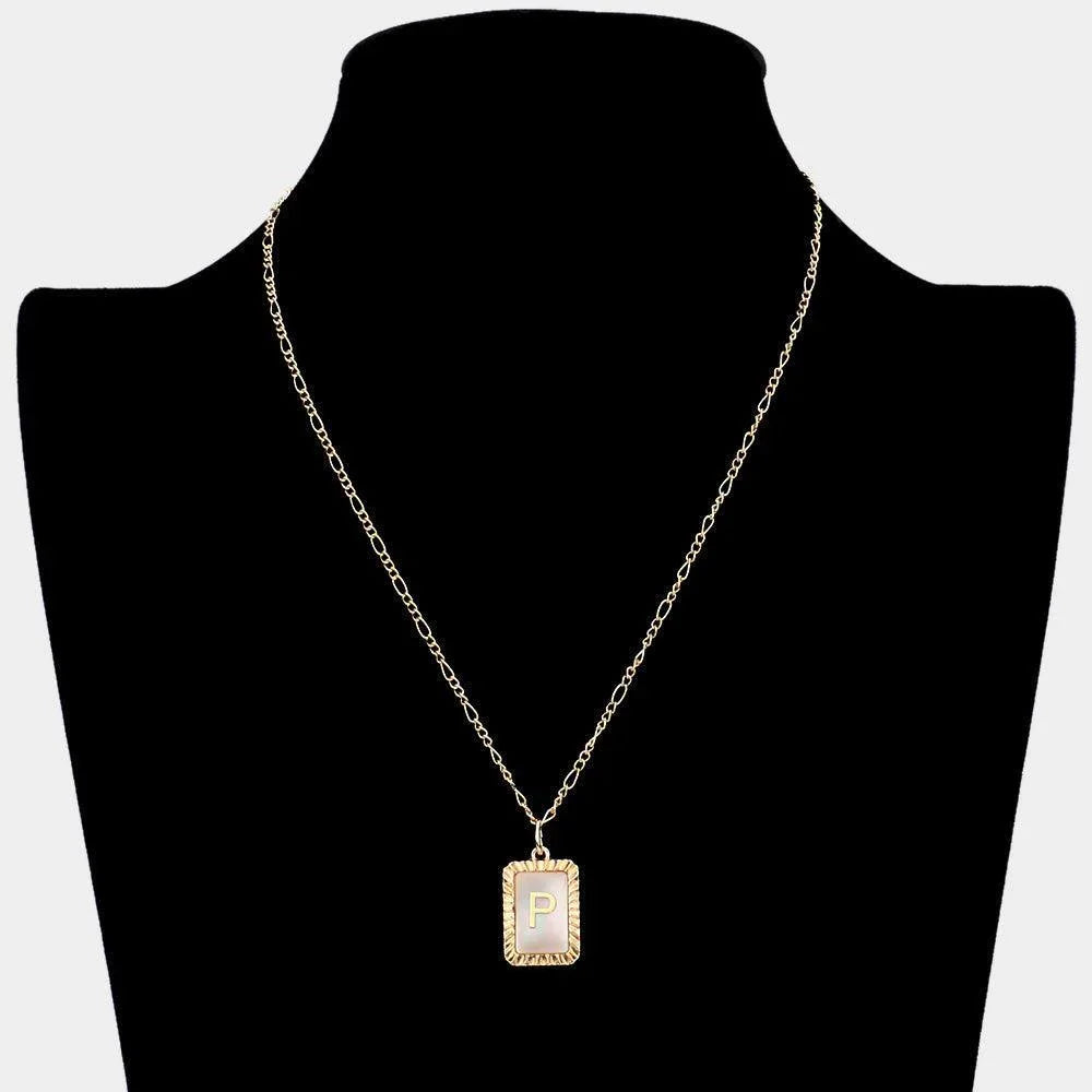 Letter P Monogram Genuine Shell Rectangle Pendant Necklace - Jewelry Store by Erik Rayo