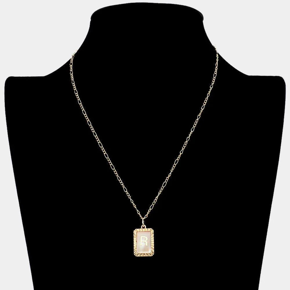 Gold -R- Monogram Genuine Shell Rectangle Pendant Necklace - Jewelry Store by Erik Rayo