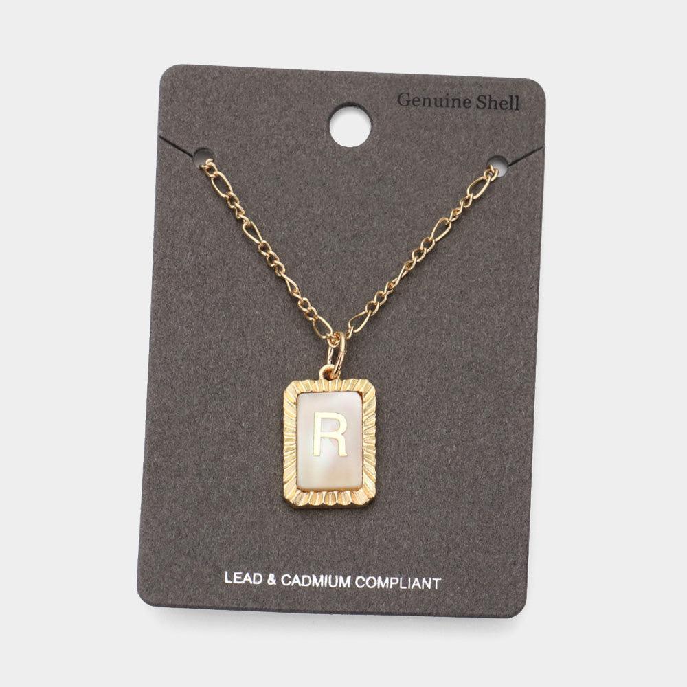 Gold -R- Monogram Genuine Shell Rectangle Pendant Necklace - Jewelry Store by Erik Rayo